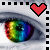 A rainbow-colored eye with a black pupil and white sclera, overlaid by a pixelated heart icon in various colors.
