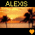 Pixelated sunset scene with palm trees and two heart icons beneath text reading ALEXIS in yellow and orange.