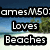Pixelated beach scene with text overlay reading 'amesM50 Loves Beaches' on a split-screen layout.