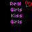 Pixelated text and a red heart symbol on black background, with repeated 'Real Girls Kiss' phrases in pink.