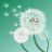 Pixelated dandelion with two seed heads on green stems against a teal gradient background, some seeds floating leftward.