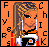 Pixelated image of a person with long brown hair in a ponytail, wearing an orange and white top against an orange background with vertical text.