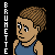 Pixelated character with brown hair and blue tank top, standing against black background with vertical white text reading BRUNETTE.