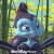 Pixelated blue cartoon character with large eyes and a purple hat stands in a forested background with yellow-green foliage.
