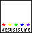 A static icon with 'JESUS IS LIFE' text, rainbow stars above it, and a black cross symbol that changes from partial to full in