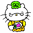 Five Hello Kitty-style cat icons in pixel art style, each with distinct clothing and accessories including a green top hat, blue bow, red bow, yellow bow, and glasses.