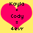 Two identical pixelated heart-shaped icons with yellow background, displaying text 'Kayla + Cody = 4evr' in black block letters.