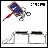 A static image shows a pixelated Daredevil icon with a red billy club, a blue shield, and a bicycle, with 'DAREDEVIL' text in the top-right corner.