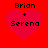 Red background with four identical pink heart shapes, each containing black text reading 'Brion + Serena' in pixelated font.