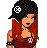 Pixel art contact sheet showing a punk-themed female character in multiple views with red and black color scheme, wearing striped top, studded accessories, and cap with skull symbol.