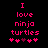 Pixelated pink text on black background reads 'I love ninja turtles' with four heart symbols below, two of which change color between frames.