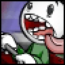 Pixelated cartoon character with exaggerated mouth and tongue, wearing green pants and red shoes against a purple background.