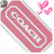 Pink Coach dog tag with white border and text, pink heart-shaped 'J' and 'o' icons, and 'coach girl' text at bottom.
