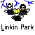 Pixel art of three figures with blue lightning bolts above them and "Linkin Park" text below on a gray background.