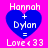 Four identical pixelated blue hearts on bright pink background with white text reading 'Hannah + Dylan = Love <33' in four quadrants.