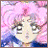 Pixelated anime-style character with pink hair and blue clothing against a pink and purple background, next to black with white text