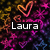 Pixelated icon with vibrant purple, pink, and orange hearts on a dark background; text "Laura" appears in white at left.