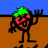Pixelated strawberry character with green leafy top, red body, black limbs and outline, performing sequential arm movements against blue sky and brown ground background.