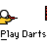 Animated contact sheet showing sequential frames of a pixel art buddy icon featuring a yellow stick figure throwing darts at targets with red dartboard elements and text.