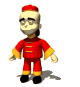 A 3D-rendered character in red traditional clothing with yellow accents performs a sequence of animated movements against a gray background.