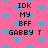 Pixelated pink background with scattered blue hearts and repeated black text reading "IDK MY BFF GABBY T" in a pattern