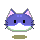 Pixel art cat head with purple body, pink inner ears, white muzzle, green chin outline; four variations show closed eyes and blush marks.