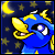 Blue cartoon bird with yellow beak and crown, purple eyes, dark blue starry background with crescent moon.