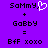 Purple background with black pixelated text and symbols arranged in two , including 'Sammy,' 'GoBby', 'BfF xoxo' and a white heart symbol