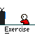 Pixel art animation of a red figure with white eyes performing repetitive arm movements against a gray background with black-and-blue vertical bars.