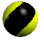 A contact sheet of 18 animated frames showing a yellow and black striped sphere rotating against a gray background.
