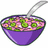 Pixelated image of a purple bowl filled with pink and green cereal, containing a silver spoon, set against white background.