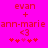 Pixelated red text and symbols on bright pink background with two identical side-by-side layouts featuring 'evan', '+', 'ann-marie', '<3', and five asterisks.