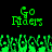 Green pixelated text 'Go Riders' appears twice above a of green pixelated figures with raised arms on black background