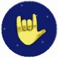 Animated contact sheet of five circular blue icons featuring a yellow hand making the 'rock on' gesture with varying star animations and one frame containing text.