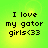 Four identical pixelated text on a green-yellow gradient background display "I love my gator girls<33" in black block letters