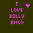 Pixelated pink text "I LOVE BILLY EMCO" on dark green background with animated heart and starburst symbols replacing the 'I' symbol.
