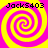 Four identical spiral patterns in yellow and pink with black text reading "JockS403" at each corner on a bright background.