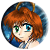 Circular icon with anime-style character having orange hair, green eyes, and blue earrings against a swirling blue background.