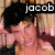 Four- of a person with dark hair in various poses and clothing, each containing the text 'jacob' at top or bottom