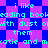 Pixelated text repeats across a blue and purple checkered background with cyan lettering.