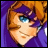 Pixelated anime-style character with orange hair and blue eyes, wearing purple clothing, next to stylized text on a black background.