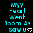 Cyan text on black background reads 'Myy Heart Went Boom As iSaw u' with a white heart symbol, repeated in three across the image