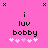 Pixelated pink background with black text 'i luv bobby' and five white plus signs below, showing animation where the fourth plus sign changes from white to light pink.