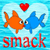 Pixelated image of two fish kissing under a heart, with red text reading 'smack' below on a blue background.