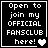 Black square icon with white pixelated text reading "Open to join my OFFICIAL FANSCLUB here!" and a heart symbol, displayed in four variations showing animation changes.