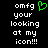 Black background with white pixelated text reading 'omfg your looking at my icon!!!' and a green pixelated heart symbol above the text.