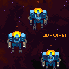 Pixel art robot with blue armor and glowing yellow head, shown in multiple poses against dark starry background with orange 'PREVIEW' text.