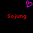 A static pixel art icon with a pink heart symbol above two red 'Sojung' text labels on a black background.