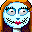 Pixelated character with light blue skin, orange hair, and black-and-white checkered mouth; left version has red lips, right version has black mustache.