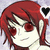Pixelated anime-style character with red hair and red eyes, shown in three views with a black heart symbol above the top-right view.